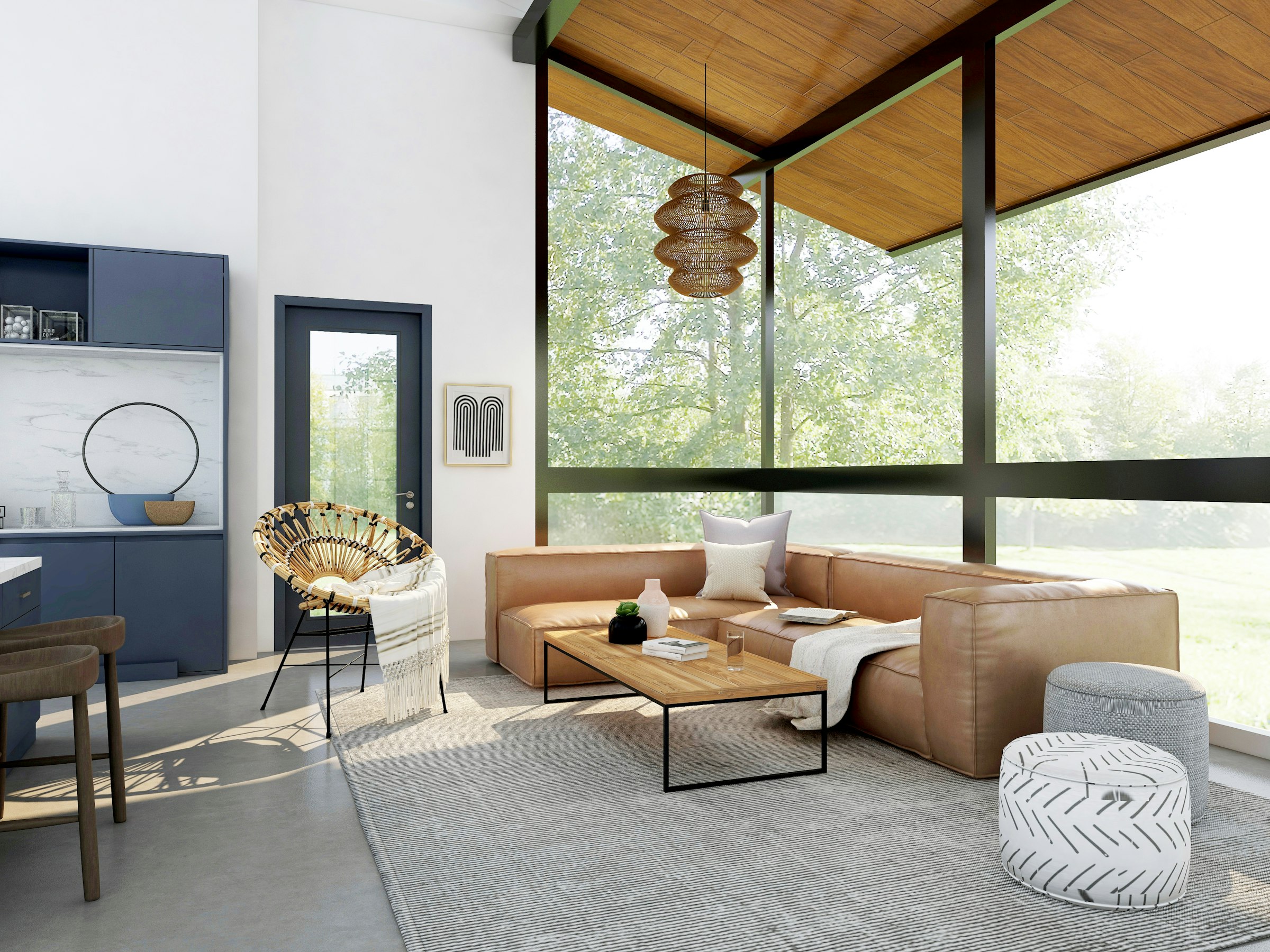 A warm, light-filled living room with timber ceiling and floor-to-ceiling glass onto greenery